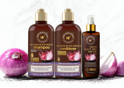 WOW Skin Science Red Onion Black Seed Oil shampoo, conditioner and hair oil. (Photo: Business Wire)