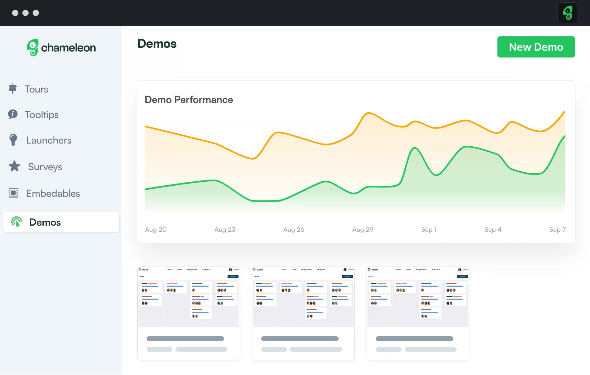 Chameleon's "Demos" makes it easy to record actions, annotate, and then embed the interactive walkthroughs on your marketing site or within a Chameleon in-app pattern (e.g., product tours and modals)