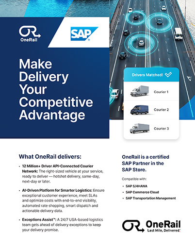 Make delivery your competitive advantage. OneRail delivers: • 12 Million+ Driver API-Connected Courier Network: The right-sized vehicle at your service, ready to deliver — hotshot delivery, same-day, next-day or later. • AI-Driven Platform for Smarter Logistics: Ensure exceptional customer experience, meet SLAs and optimize costs with end-to-end visibility, automated rate shopping, smart dispatch and actionable delivery data. • Exceptions Assist™: A 24/7 USA-based logistics team gets ahead of delivery exceptions to keep your delivery promise.