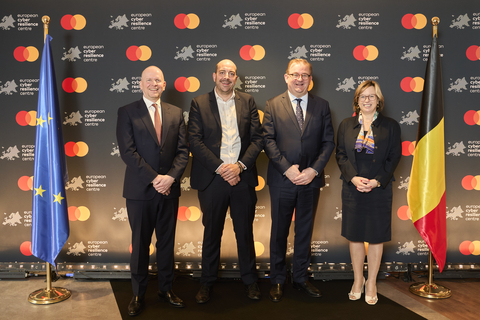 thumbnail Mastercard European Cyber Resilience Centre Opening in Waterloo, Belgium. (From left to right) Michael Miebach, Chief Executive Officer, Mastercard, Mathieu Michel, Belgian State Secretary for Digitalisation, Mark Barnett, President, Mastercard Europe, Catherine De Bolle, Executive Director, Europol. Photo by: Nicolas Peeters. (Photo: Business Wire)