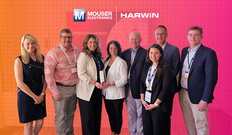 Representatives from Harwin present the Mouser team with the 2023 Global Distributor of the Year Award (Photo: Business Wire)
