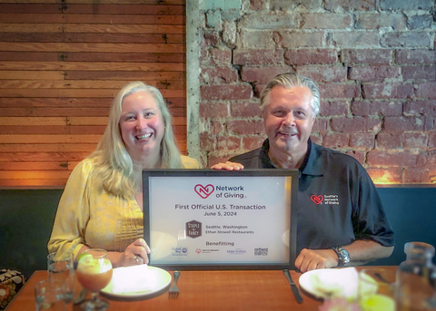 On June 5, 2024, the first transaction generating a donation for the benefit of the Seattle community was completed by Erica Wiley, long time supporter of the Network of Giving, at Staple & Fancy, an Ethan Stowell Restaurant. Also in attendance was David Saalfrank, Chief Evangelist at the Network of Giving. (Photo: Network of Giving)