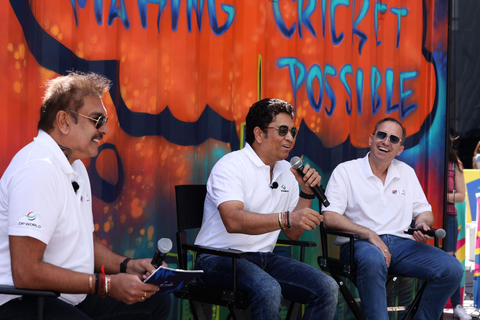 As part of DP World's Beyond Boundaries Initiative, cricket legend and DP World Global Ambassador, Sachin Tendulkar, former Indian national team cricket coach and national team player, Ravi Shastri, and DP World Chief Communications Officer Daniel Van Otterdijk discuss the growth of cricket in the United States while distributing kits to beneficiaries from the Public Schools Athletic League (PSAL) and the Commonwealth Cricket League. The ceremony was held at the ICC Fan Park at North Oculus Plaza in Lower Manhattan as part of the events celebrating the first ever ICC World Cup matches hosted in the USA. (Photo: Business Wire)