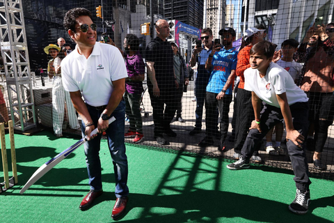 As part of DP World's Beyond Boundaries Initiative, cricket legend and DP World Global Ambassador, Sachin Tendulkar demonstrates cricket technique as part of an event to distribute kits to beneficiaries from the Public Schools Athletic League (PSAL) and the Commonwealth Cricket League at a ceremony held at the ICC Fan Park at North Oculus Plaza in Lower Manhattan. At the ceremony, DP World unveiled the eighth container of the initiative bringing the total # of kits donated to grassroots cricket to 2000 since the initiative kicked off in 2023. (Photo: Business Wire)