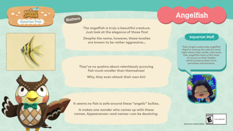 The aquarium experience inspired by the Animal Crossing: New Horizons game is expanding to a national level! Themed signage throughout the aquarium will feature creature descriptions presented by Blathers with information directly from the game. (Graphic: Business Wire)