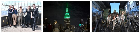 帝國大廈86層觀景台上的《龍族前傳》劇組；帝國大廈的綠色燈光；大階梯上的鐵王座。（照片：美國商業資訊）