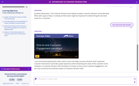 This screenshot of Pega GenAI Socrates shows how the first-of-its-kind generative AI tutor teaches Pega concepts through an interactive dialogue that adapts as it analyzes the student’s skill level. (Graphic: Business Wire)