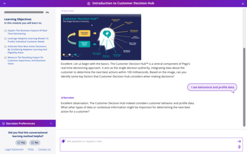 This screenshot of Pega GenAI Socrates shows how the first-of-its-kind generative AI tutor teaches Pega concepts through an interactive dialogue that adapts as it analyzes the student’s skill level. (Graphic: Business Wire)
