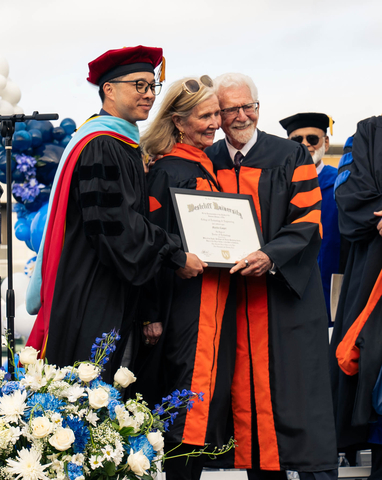 Dr. Anthony Lee, Arlene Harris and Marty Cooper unveil the Harris Cooper Scholarship, an annual scholarship awarded to a woman with outstanding accomplishments in STEM. (Photo: Business Wire)