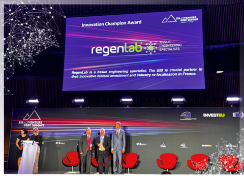 RegenLab France receives prestigious EU-EIB Innovation Champion Award. Antoine Turzi, CEO and Founder of RegenLab, pictured between two officials of the European Investment Bank. (Photo: Business Wire)