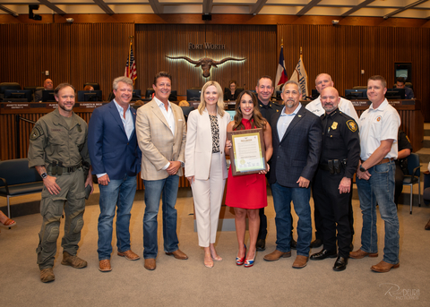 On hand for the presentation of the city of Fort Worth Proclamation marking June 11 as Moral Injury Awareness Day were FWPD SWAT Officer Eric Mekosch, American Warrior Association (AWA) Co-Founders John Michael Fierer and Mark Fierer, Fort Worth Mayor Mattie Parker, AWA Managing Director Anna Heil, FWPD Sergeant Jason Ricks, AWA Founding Director Will Spencer, FW Fire Chief Jim Davis, FWPD Chief Neil Noakes and FW Fire Chaplain Cliff Weaver. Photo Credit: Rachel DeLira