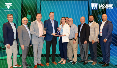 Representatives from Vishay present the Mouser team with the 2023 Distributor of the Year and 2023 Semiconductor Distributor of the Year Awards. (Photo: Business Wire)