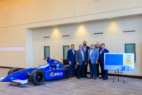 PCI's Executive team officially announced a new presort mail facility with a PCI-branded Indy race car at the National Postal Forum in Indianapolis, IN. From left to right: Thomas Roberts (Senior VP Client Experience), Dennis R. Garcia (Executive VP & CFO), Chris Diaz (COO), Ismael Diaz (President & CEO), Brian McGrath (CIO) and Henry Herrera (Vice President Major Accounts)