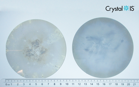 Comparison of Crystal IS 100 mm bulk aluminum nitride substrate from CY24 Q1 (left) with 90% usable area and CY24 Q2 (right) with 99.3% usable area. (Graphic: Business Wire)