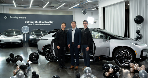 FF Founder and Chief Product and User Ecosystem Officer YT Jia (Left) handed over the vehicle to Mr. He's representative. (Photo: Business Wire)