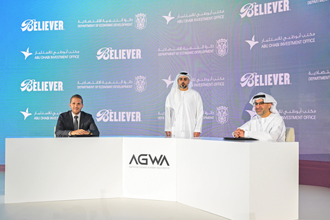 (Left to right) Gustavo Burger, CEO of Believer Meats; His Excellency Ahmed Jasim Al Zaabi, Chairman of the Abu Dhabi Department of Economic Development (ADDED); Badr Al-Olama, General Director of ADIO (Photo: Business Wire)