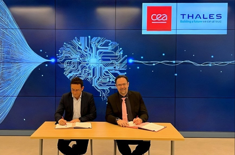 Alexandre Bounouh, Director of the CEA-List Institute, specialising in smart digital systems, and Bertrand Tavernier, CTO for Thales’s Secure Communications and Information Systems business, at the signing of the partnership agreement on 30 April 2024 in Palaiseau, France. (Photo: Thales)