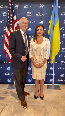 Rajant CEO Bob Schena spoke with the Honorary General Consul of Ukraine in Philadelphia, Iryna Mazur, at Rajant's Headquarters in Malvern, Pa, to publicly announce Rajant's Ukrainian office, express gratitude for the impact the new Rajant team is having in the region and discuss the conflict in Ukraine. (Photo: Business Wire)