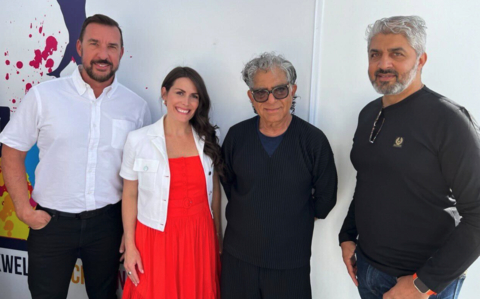 Celebrating innovation at Cannes Creative Festival 2024: (pictured from left to right) Bill Inman, CEO of Dectec; Stacey Engle, CEO of Twin Protocol; Deepak Chopra, MD; and Poonacha Machaiah, Co-founder of Cyberhuman.ai., announce the groundbreaking Deepak Chopra AI Twin, a collaboration at the intersection of well-being, AI, and technology. (Photo: Business Wire)