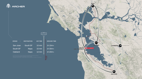 Visual representation of Archer’s anticipated Bay Area UAM network, connecting Oyster Point – South San Francisco with San Jose, Oakland, Napa, and Livermore. (Photo: Business Wire)