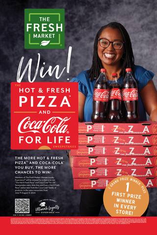 Get ready to savor the ultimate dining experience with The Fresh Market and Coca-Cola's exciting sweepstakes. Imagine winning a lifetime supply of mouthwatering Hot & Fresh Pizza and refreshingly crisp Coca-Cola – the perfect pairing for any occasion. Whether you're enjoying a cozy night in or hosting a lively gathering, this dream come true will elevate your pizza cravings to new heights. Indulge in the delicious flavors and create lasting memories with every bite and sip. (Graphic: The Fresh Market)