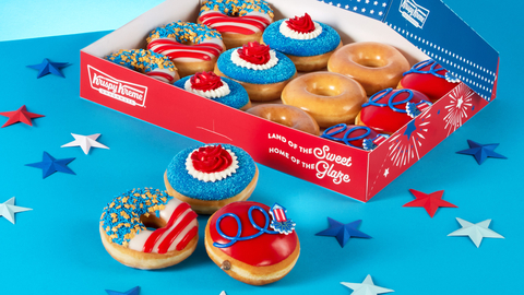 Red, white & blue doughnuts parade into Krispy Kreme shops beginning June 21; fans receive a free Original Glazed® Doughnut for wearing red, white & blue on July 4 (Photo: Business Wire)