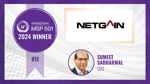 Channel Futures MSP 501 2024 Winner Slide highlighting Netgain Technology, LLC as #11 on the list and featuring a headshot of Sumeet Sabharwal, CEO. (Graphic: Business Wire)