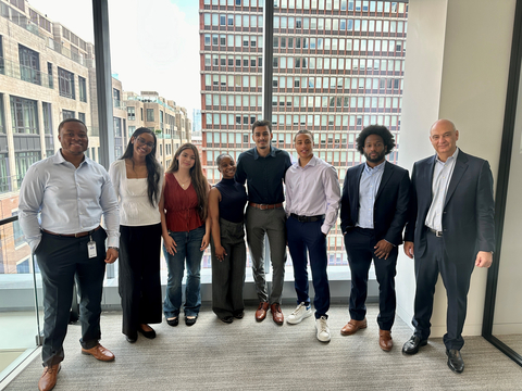 Natixis Investment Managers US Scholarship Awardees: Chris Jeudin (2023), Leem Bashir and Galilea Ticas (2024), Rusmirna Thompson (2023), Marvin Baez (2020), Markus Facey-Castillo and Mario Gonzalez (2024), and David Giunta (CEO for the US, Natixis Investment Managers) (Photo: Business Wire)