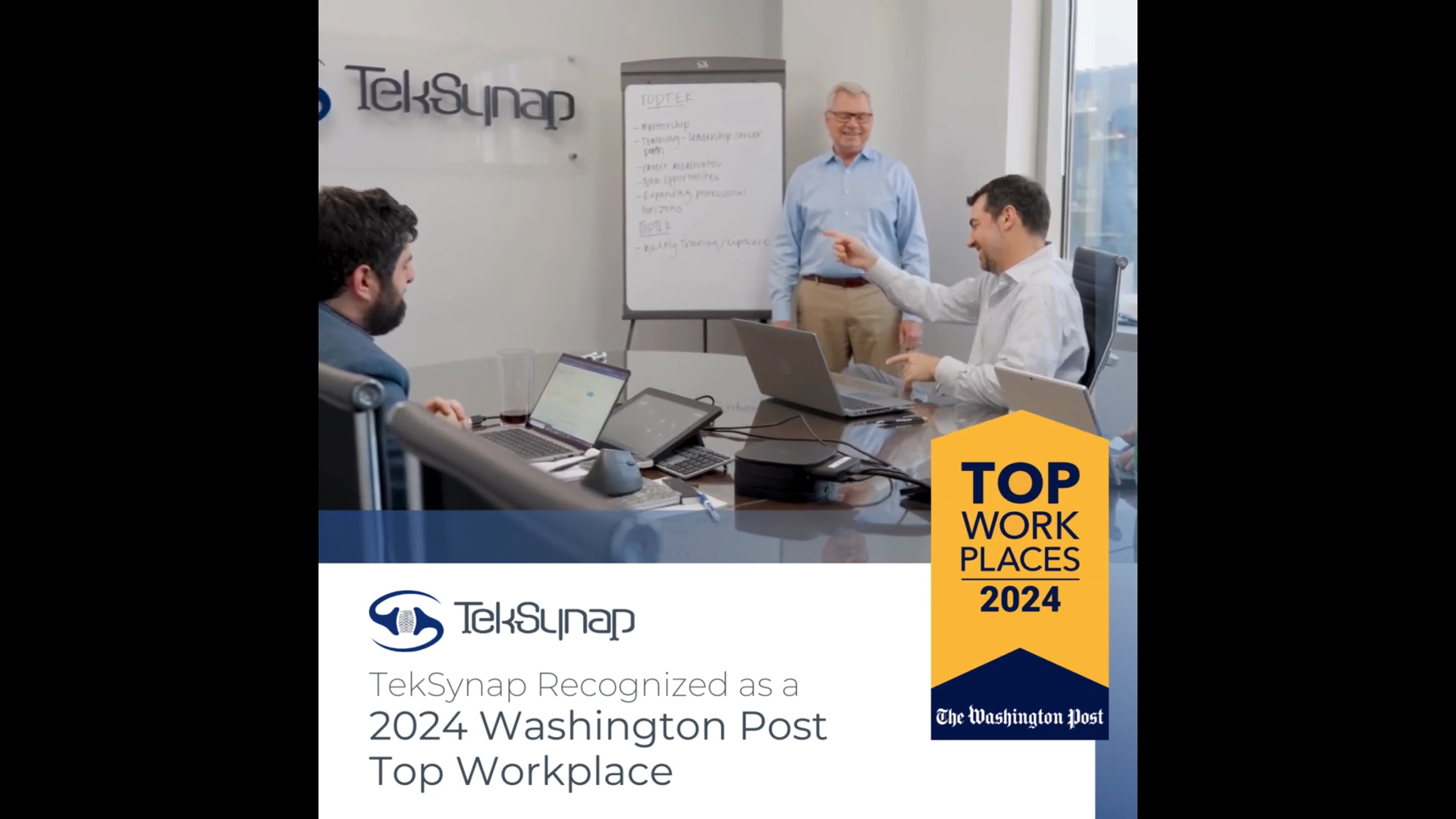 Welcome to TekSynap, a beacon of innovation nestled in the bustling city of Reston, VA. Our headquarters is not just a building; it's a vibrant community where our inclusive and talented workforce comes together to redefine the technology landscape. As recognized by the Washington Post as the #3 Top Workplace in the Greater Washington Area for 2024, TekSynap proudly showcases a culture built on employee feedback and thrives on respect, support, and empowerment. Join us on a visual journey through our modern facilities, where every corner echoes our commitment to creating a community of growth and inclusion. This video is more than a glimpse into our headquarters; it's an invitation to feel the pulse of TekSynap—a company where people are the capital and a top workplace starts with the best people.