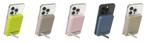 Belkin BoostCharge Pro Magnetic Power Bank 5K in cyber lime, sand, pink, blue and gold color options.