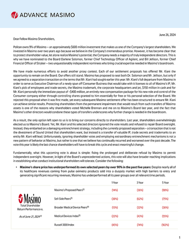 Politan Letter to Masimo Shareholders (June 26 2024)