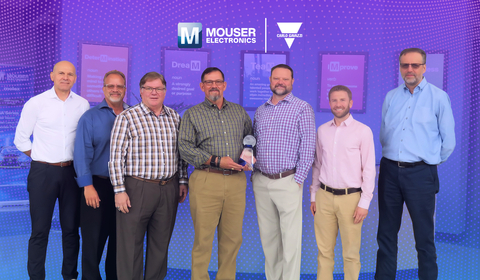 Representatives from Carlo Gavazzi present the Mouser team with the 2023 Distributor of the Year Award. (Photo: Business Wire)
