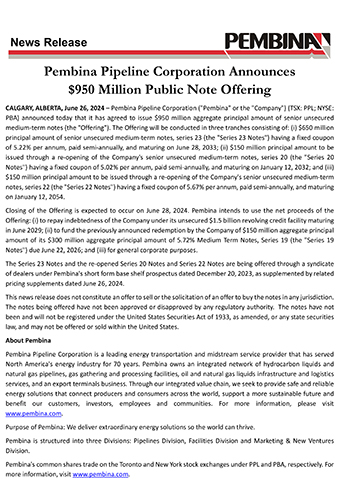 Pembina Pipeline Corporation Announces $950 Million Public Note Offering