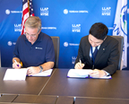 Co-Founder, Chairman, and CEO of Terran Orbital Marc Bell (Left) and Tim Ahn (Right) Chief Executive Officer of Flexell Space, a subsidiary of Hanwha Systems, signing the Memorandum of Understanding. Photo Credit: Terran Orbital.
