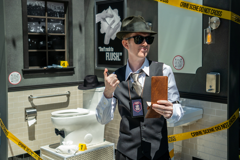 Detective Drains and his surprising partner, a real-life singing and talking toilet named Mel (pictured), are on the case, solving "Crimes of Flushing" at VidCon 2024 in Anaheim, Calif. The Responsible Flushing Alliance (RFA) created a first-of-its-kind interactive, film-noir-inspired experience to spotlight the “Dire Consequences of a Bad Flush” ahead of Flush Smart Month. (Photo: Business Wire)