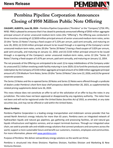 Pembina Pipeline Corporation Announces Closing of $950 Million Public Note Offering