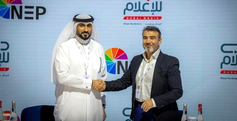Saleh Lootah, Deputy CEO of Technical Support at Dubai Media, and Saeed Izadi, President, NEP Singapore, India and Middle East at the 2024 Arab Media Forum at the Dubai World Trade Centre. (Photo: Business Wire)