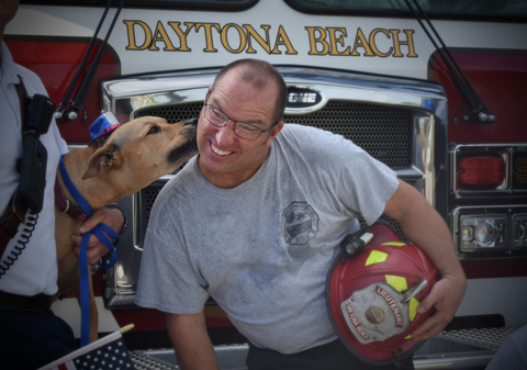 Firefighters at Daytona Beach Fire Station #7 spent the morning with adoptable dogs from the Halifax Humane Society for a photo shoot with volunteer photographer Joleen Skerk. Showcasing the dogs outside the shelter allows their personalities to shine and attract potential adopters. The outing also gives the dogs a break from shelter life. (Photo: Business Wire)