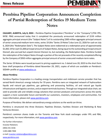 Pembina Pipeline Corporation Announces Completion of Partial Redemption of Series 19 Medium Term Notes
