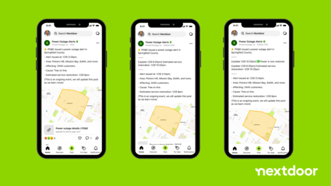 Neighbors on Nextdoor are now connected with localized power outage alerts. (Graphic: Business Wire)