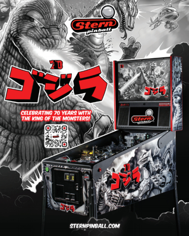 To celebrate the platinum anniversary of Godzilla, the team at Stern has created a special 70th Anniversary Premium Edition version of their Godzilla pinball machine. A dynamic black and white edition, the game features special foil greyscale decals on the cabinet, new greyscale color toys and special backglass artwork to commemorate the special anniversary. (Photo: Business Wire)