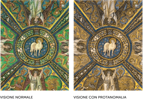Basilica di San Vitale: Agnus Dei. Normal colour vision and colour blind view (Graphic: Business Wire)