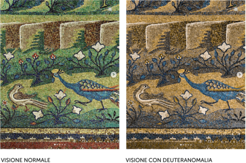 Basilica di San Vitale: detail in the apse. Normal colour vision and colour blind view (Graphic: Business Wire)