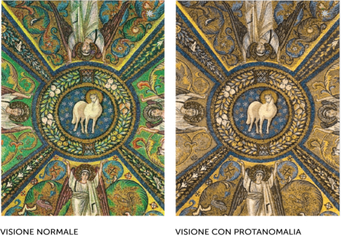 original Basilica di San Vitale: Agnus Dei. Normal colour vision and colour blind view (Graphic: Business Wire)