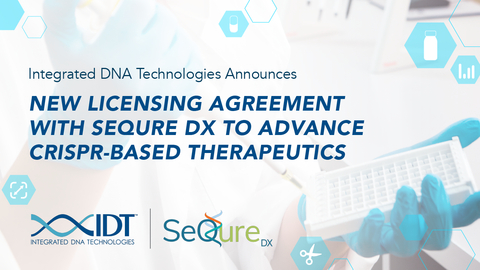 Integrated DNA Technologies (IDT), a global leader in CRISPR genome editing solutions, inked a licensing agreement with SeQure Dx, a company focused on off-target analysis for preclinical and clinical gene modification customers, bolstering IDT’s complete CRISPR portfolio comprised of world-class RUO to CGMP solutions from design to analysis. (Graphic: Business Wire)