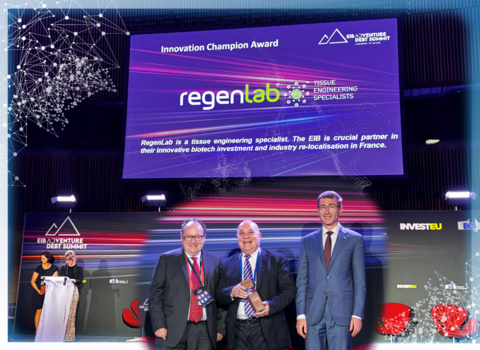 Antoine Turzi receives EU-EIB Innovation Champion Award. Antoine Turzi, Founder and President of RegenLab, pictured between two officials of the European Investment Bank. (Photo: Business Wire)