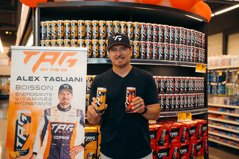 Alex Tagliani and his new energy drink TAG on the Go, now available in all Metro grocery stores throughout Quebec. (Photo: SGMEDIA - Agence Multimédia)