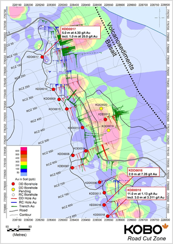 original Figure 1 : Carte de localisation des sondages au diamant de la zone Road Cut (Graphic: Business Wire)
