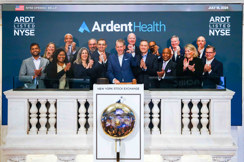 Ardent Health President & Chief Executive Officer Marty Bonick and other Ardent Health executives and board members ring the opening bell at the New York Stock Exchange on Thursday, July 18, 2024. Images of NYSE Group, Inc., including the images of the New York Stock Exchange Trading Floor and the Façade of the New York Stock Exchange, the design of each of which is a federally registered service mark of NYSE Group, Inc., are used with permission of NYSE Group, Inc. and its affiliated companies. Neither NYSE Group, Inc. nor its affiliated companies sponsor, approve of or endorse the contents of this website. Neither NYSE Group, Inc. nor its affiliated companies recommend or make any representation as to possible benefits from any securities or investments. Investors should undertake their own due diligence regarding their securities and investment practices. (Photo: NYSE Group, Inc.)