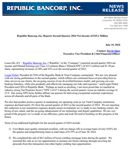 Republic Bancorp, Inc. Reports Second Quarter 2024 Net Income of $25.2 Million